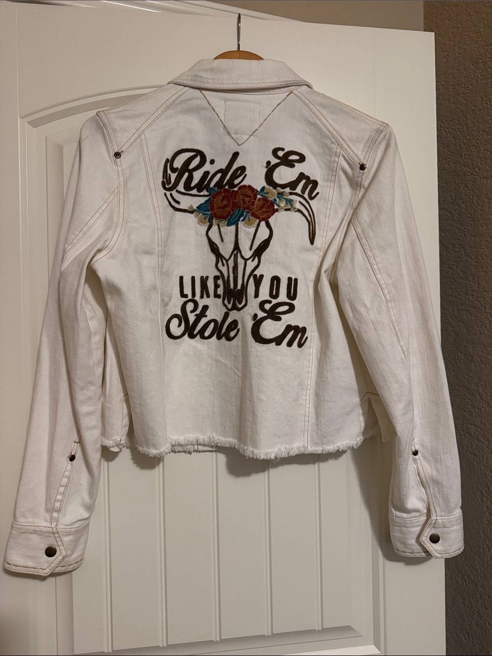 Double D Ranch White Denim Jacket with Embroidered Skull & Floral Back-Kemosabe
